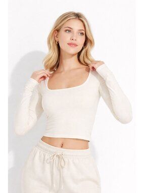 Wild Fable size SMALL Off-White Long Sleeve Square Neck Ribbed Shirt NEW
